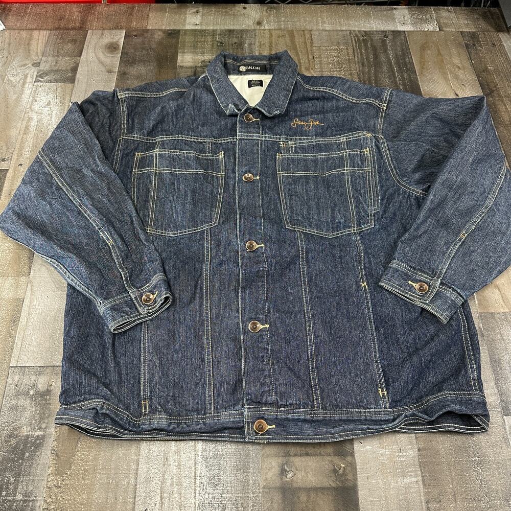 Vintage Sean John Denim Jacket Mens 3XL Black Dark Wash‎ Embroidered Button Up
